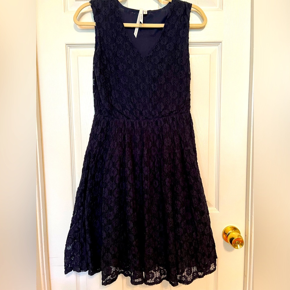 NWOT Bellatrix A-line, navy blue lace mini dress. Size S